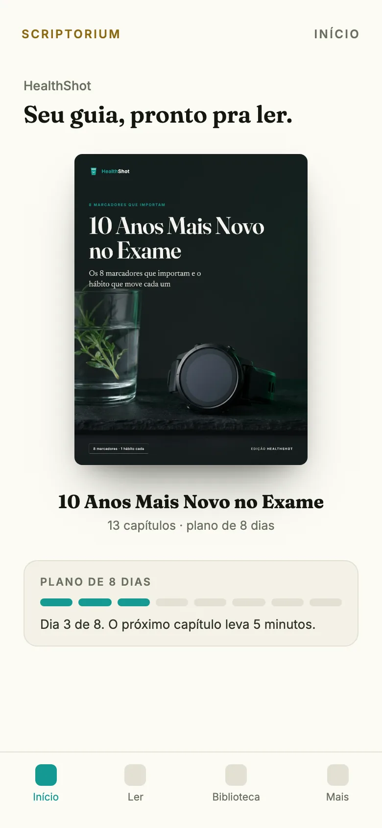 Capa do app: o ebook 10 Anos Mais Novo no Exame aberto na tela Início, com o plano de 8 dias